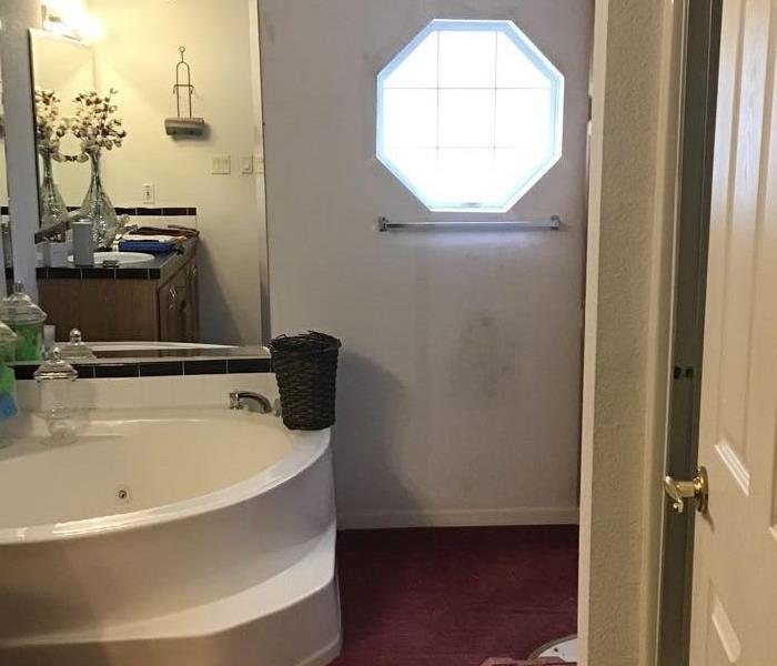 Bathtub and wall with mold underneath visible