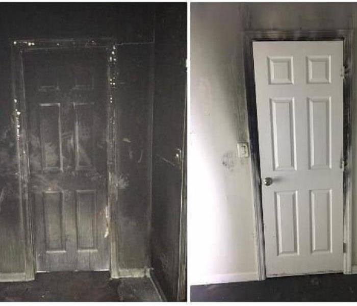 Two sides of a door, one with alot of smoke damage and the other with very little