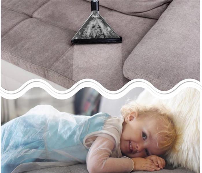Sofa with little girl laying on it and then cleaning with a tool