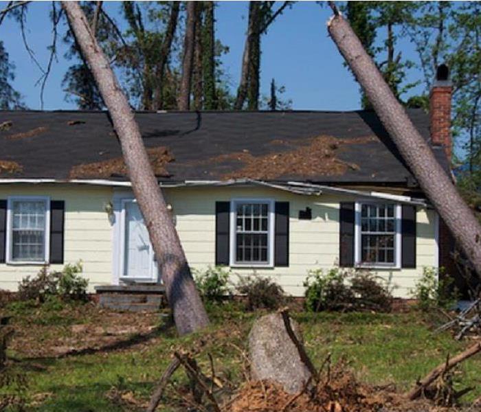 Home with two trees laying across the roof showing damaged roof