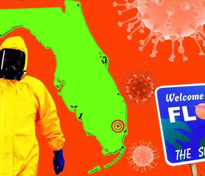 Florida outline, person in yellow tyvek suit and mask