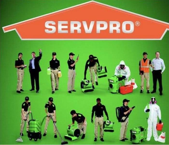Servpro Logo with several men and women holding tools to dry out a house